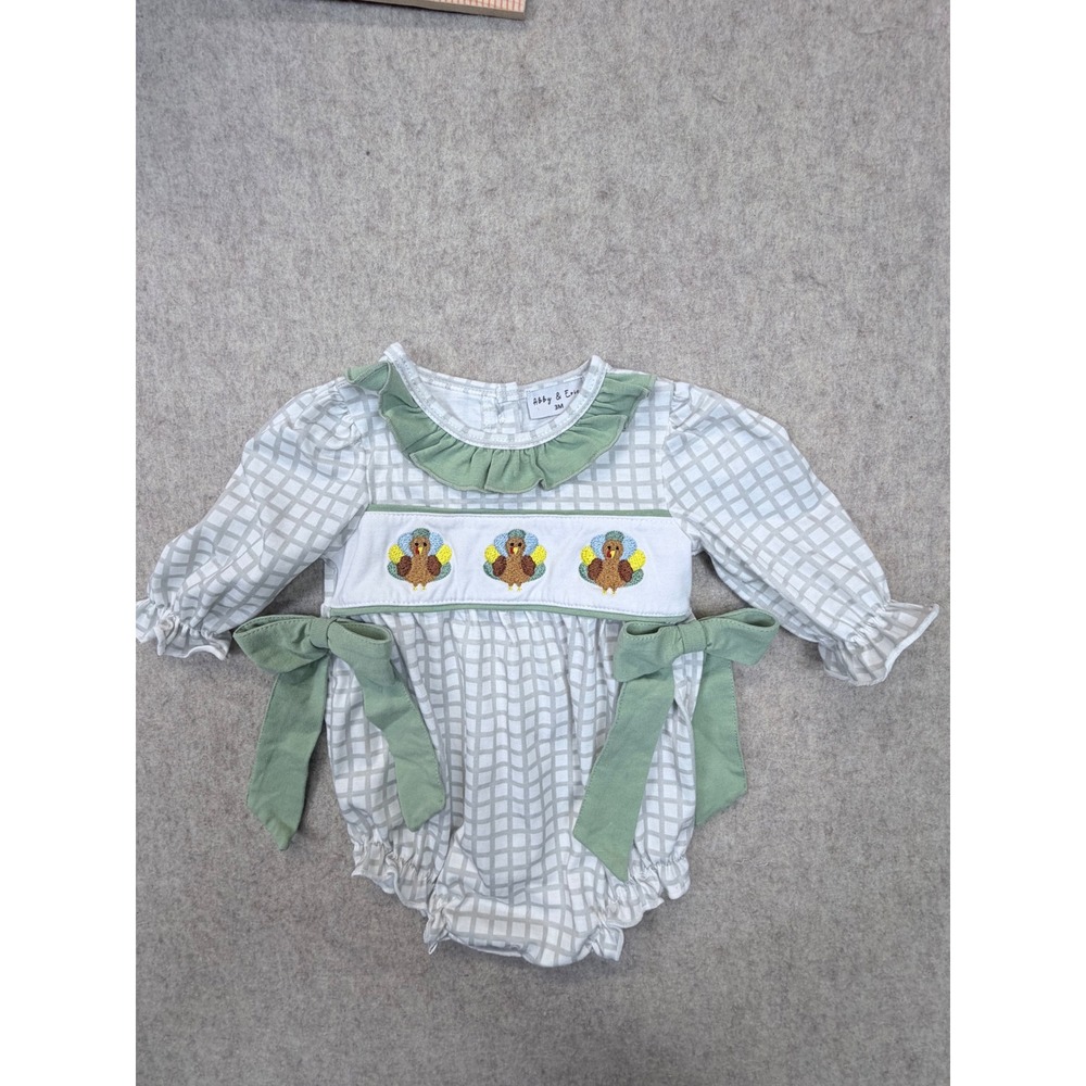 Abby & Evie Bubble Romper Kids 3M Green Turkey Smocked Thanksgiving Gingham